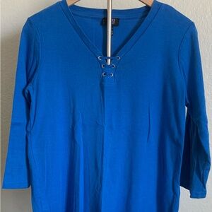 Jones New York Blue Fitted Tie Front 3/4 Sleeve Blouse
